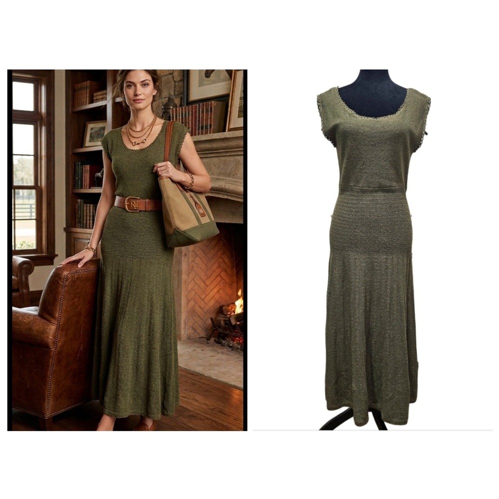 Lauren Ralph Lauren Knit Maxi Dress Women M Olive Green Silk Linen Blend